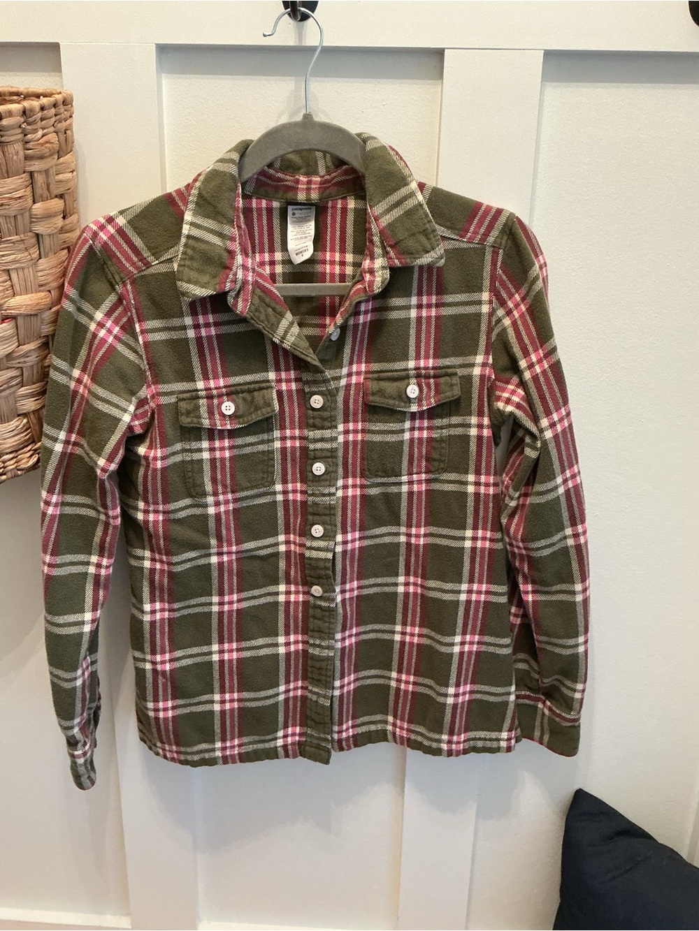 Patagonia Olive Green Plaid Shirt with Pink and White Stripes